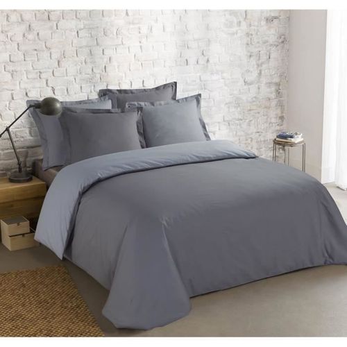 Parure De Couette 100% Coton - 1 Housse De Couette 220x240 Cm + 2 Taies 65x65 Cm Gris Et Gris Perle