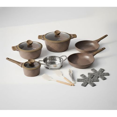 Batterie De Cuisine 14 Pièces Avec Cuiseur à Vapeur Antiadhésif En Granit Marron Just Perfecto Jl-26