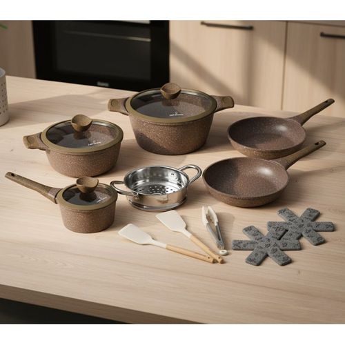 Batterie De Cuisine 14 Pièces Avec Cuiseur à Vapeur Antiadhésif En Granit Marron Just Perfecto Jl-26