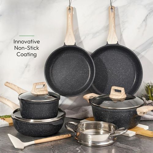 Batterie De Cuisine 10 Pièces Avec Cuiseur à Vapeur Antiadhésif En Granit Noir Just Perfecto Jl-30