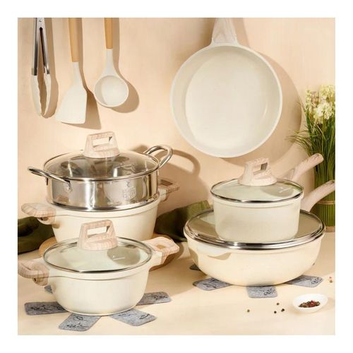 Batterie 15 pièces Cuiseur Vapeur Antiadhésif En Granit Beige - Tous Feux - Just Perfecto Jl-77