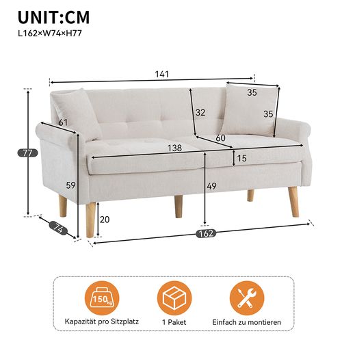Design Moderne, Canapé Double Avec Coussins Épais, 162x74x78cm, Beige