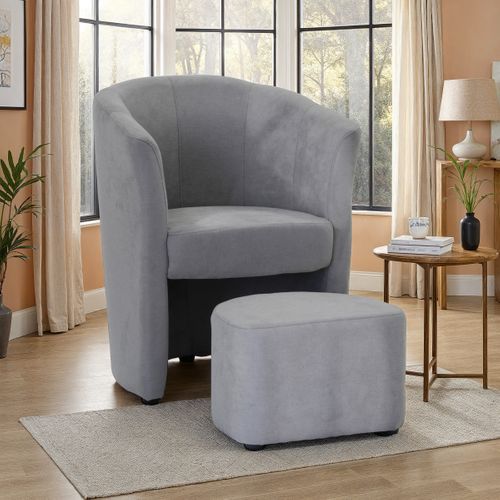 Fauteuil cabriolet et pouf CLAYTON tissu Soro gris clair