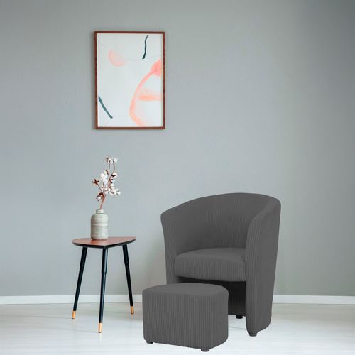 Fauteuil cabriolet et pouf CLAYTON II tissu lincoln gris foncé