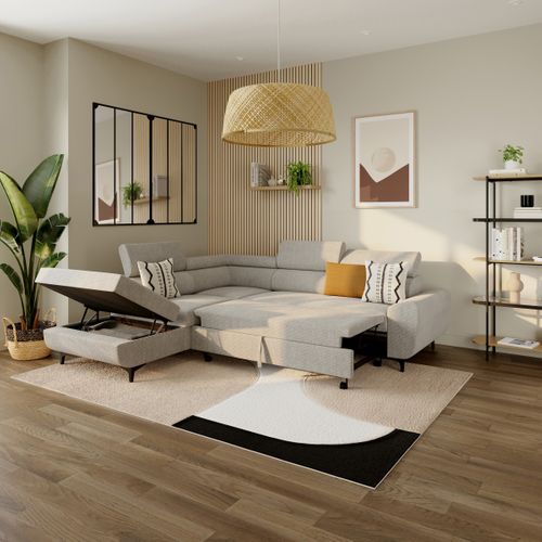 Canapé d'angle convertible gauche SANTIAGO tissu blanc cassé