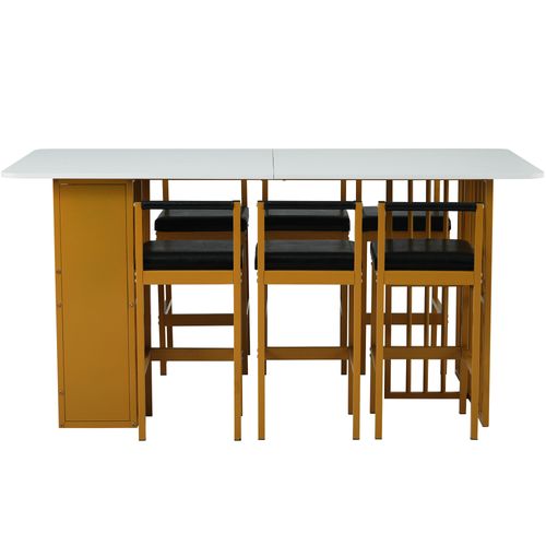 Ensemble Table Et 6 Chaises - Table Avec Étagères - Chaises Coussin Similicuir - Blanc Et Doré