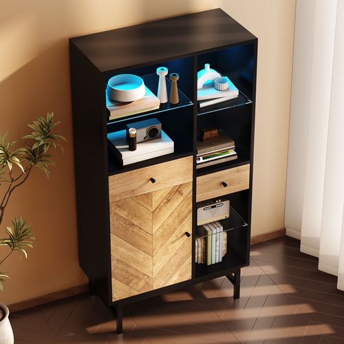 Buffet Haut Avec LED - 1 Porte + 2 Tiroirs + 6 Compartimentd - Naturel + Noir