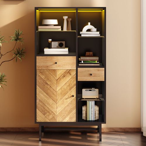 Buffet Haut Avec LED - 1 Porte + 2 Tiroirs + 6 Compartimentd - Naturel + Noir