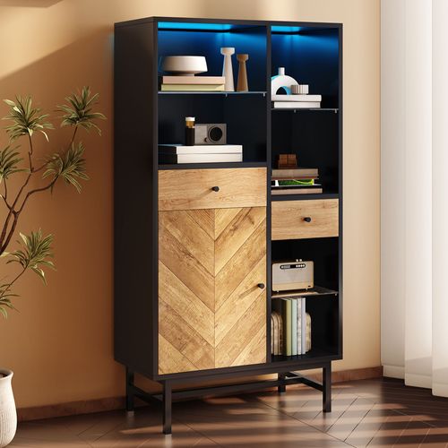 Buffet Haut Avec LED - 1 Porte + 2 Tiroirs + 6 Compartimentd - Naturel + Noir