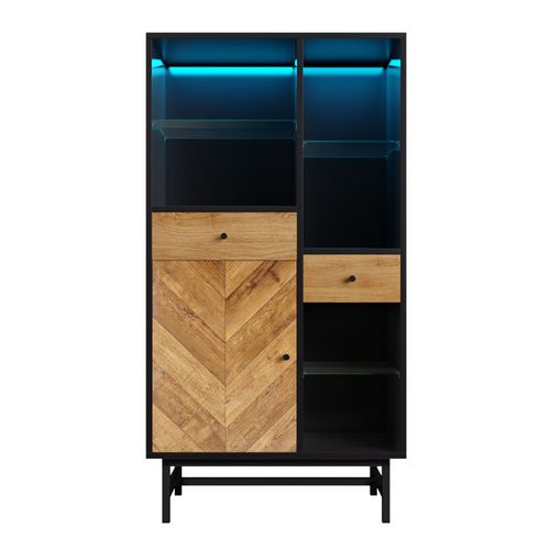 Buffet Haut Avec LED - 1 Porte + 2 Tiroirs + 6 Compartimentd - Naturel + Noir