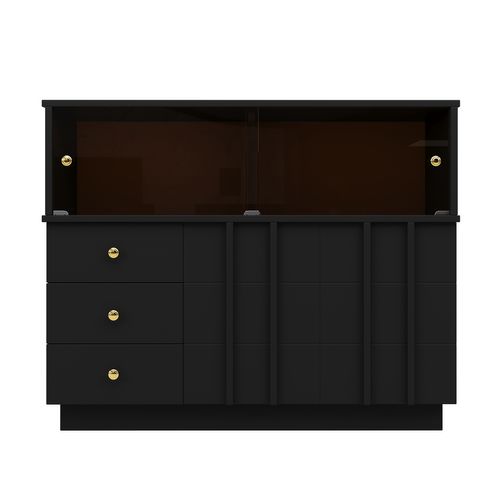 Buffet Moderne - 3 Tiroirs、2 Étagères Et Cloison Vitrée - Mdf - Noir