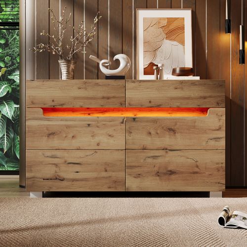 Commode Avec LED - 6 Tiroirs - Effet Brillant - Naturel