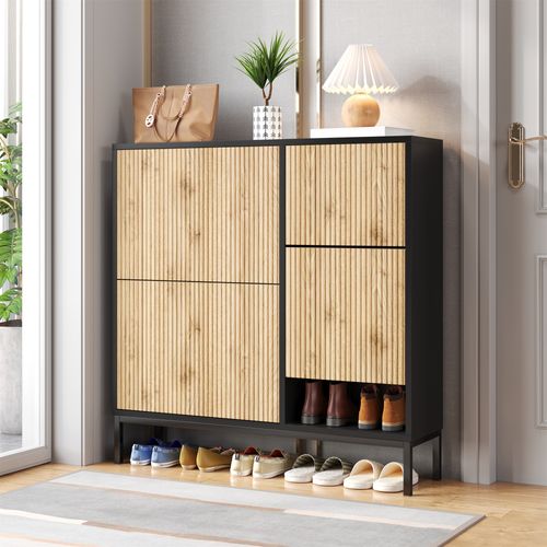 Meuble à Chaussures Avec Banc Pliable - 3 Portes Abattantes - Noir Et Naturel