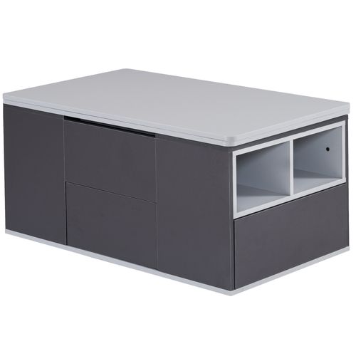 Table Basse Multifonctionnelle Relevable - 2 Panneaux 3 Tiroirs 2 Compartiments - Blanc Et Gris