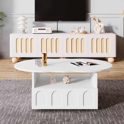 Table Basse Avec Tiroirs Et Compartiment Ouvert - Plateau En Forme De Nuage - Blanc