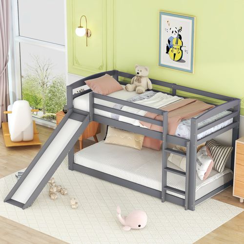 Lit Superposé En Pin Avec Barrières Anti-chutes + Échelle + Toboggan - 90x200cm - Gris