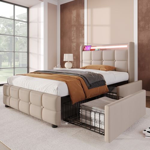Lit Rembourré 90x200cm En Lin - Avec LED Et Ports De Charge USB - 2 Tiroirs - Beige