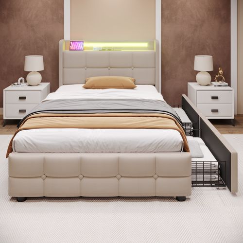 Lit Rembourré 90x200cm En Lin - Avec LED Et Ports De Charge USB - 2 Tiroirs - Beige