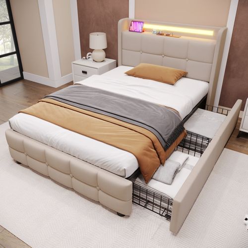 Lit Rembourré 90x200cm En Lin - Avec LED Et Ports De Charge USB - 2 Tiroirs - Beige