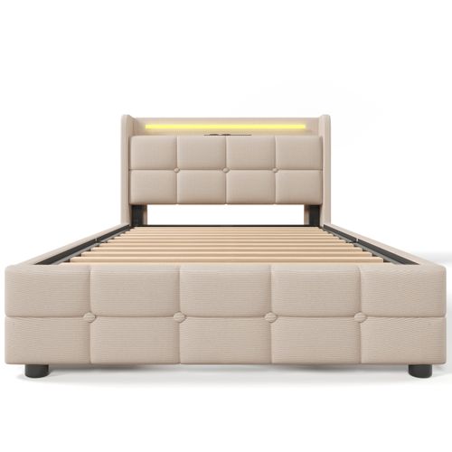 Lit Rembourré 90x200cm En Lin - Avec LED Et Ports De Charge USB - 2 Tiroirs - Beige