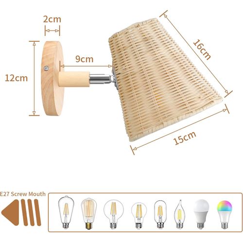 Applique Murale Intérieur E27 Abat-jour Tressée Lampe De Mur Rotative Pour Salon Chambre Café