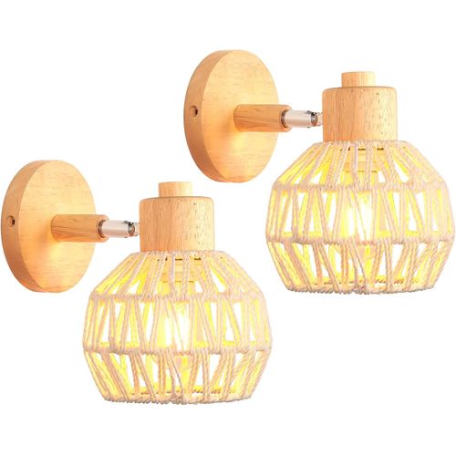 2 Pièces Applique Murale Réglable Vintage 15cm Lampe Murale Interieur En Rotin Bois Plafonnier Blanc