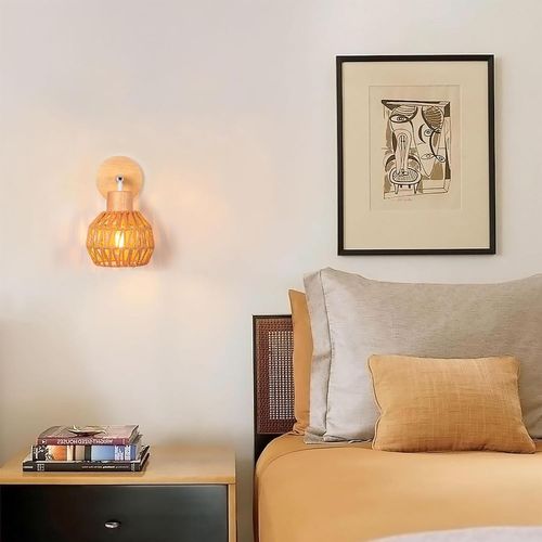 Applique Murale Interieur E27 Lampe Murale Vintage En Rotin Bois Plafonnier Réglable Marron