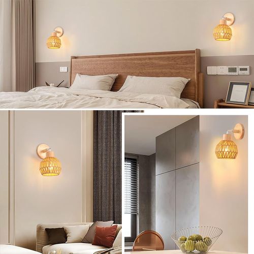 Applique Murale Interieur E27 Lampe Murale Vintage En Rotin Bois Plafonnier Réglable Marron