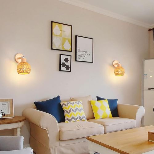 Lot De 2 Applique Murale Interieur Réglable E27 Lampe Murale Vintage En Rotin Bois Plafonnier Marron