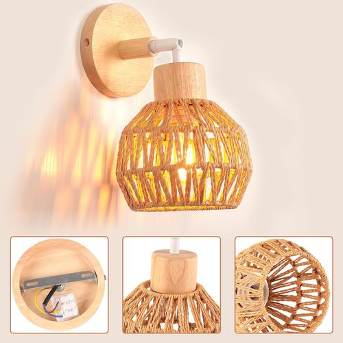 Lot De 2 Applique Murale Interieur Réglable E27 Lampe Murale Vintage En Rotin Bois Plafonnier Marron