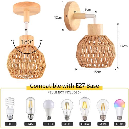Lot De 2 Applique Murale Interieur Réglable E27 Lampe Murale Vintage En Rotin Bois Plafonnier Marron