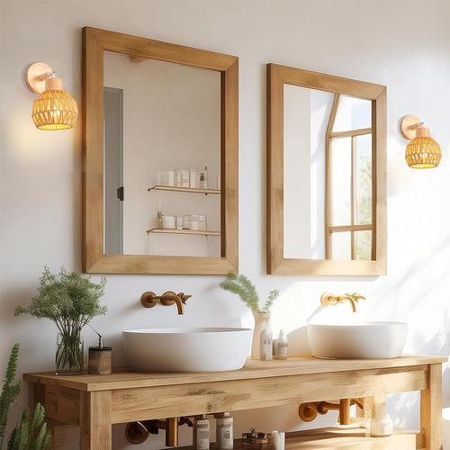 Lot De 2 Applique Murale Interieur Réglable E27 Lampe Murale Vintage En Rotin Bois Plafonnier Marron