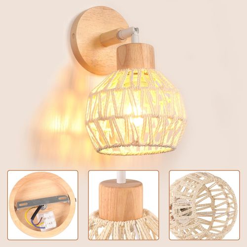 Applique Murale Interieur E27 Lampe Murale Vintage En Rotin Bois Plafonnier Réglable Blanc