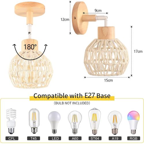 Lot De 2 Applique Murale Interieur Réglable E27 Lampe Murale Vintage En Rotin Bois Plafonnier Blanc