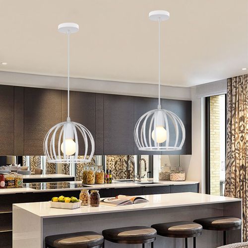 2pcs Suspension Luminaire Vintage Lustre Moderne Plafonnier Rond En Métal Fer Pour Intérieur Blanc