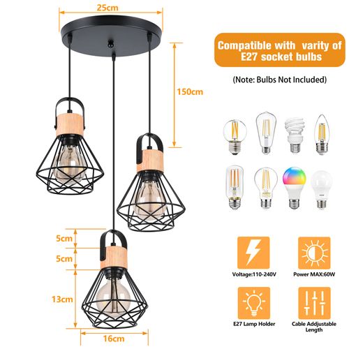 3 Lumières Suspension Luminaire Rétro Lampe à Suspension Vintage Plafonnier Moderne Noir