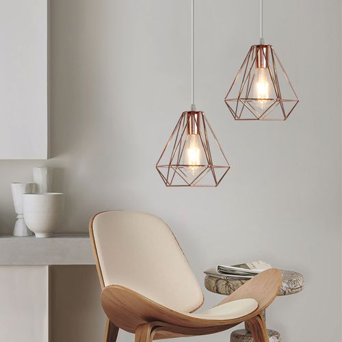 2x Métal Diamant 20cm Lustre Industriel Lampes Suspendues Vintage Plafonnier Moderne Or Rose