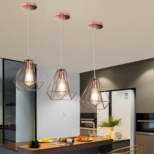 2x Métal Diamant 20cm Lustre Industriel Lampes Suspendues Vintage Plafonnier Moderne Or Rose