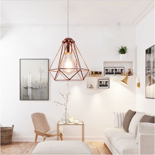 2x Métal Diamant 20cm Lustre Industriel Lampes Suspendues Vintage Plafonnier Moderne Or Rose