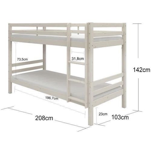 Lits Superposés Séparables Enfant - 2x90x200 Cm - Pin Massif Blanc - Sommier Inclus - Ando