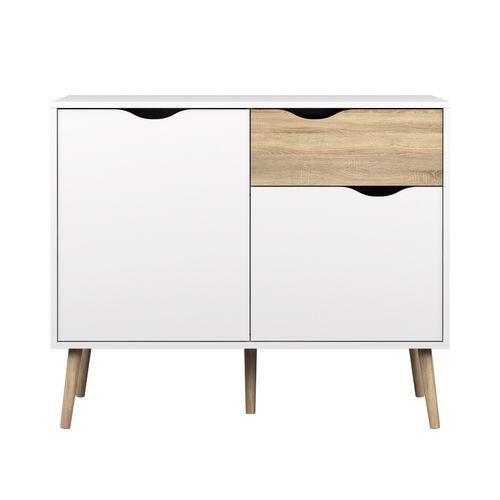 Petit Buffet 2 Portes, 1 Tiroir Blanc Et Décor Chêne L98,7 Cm