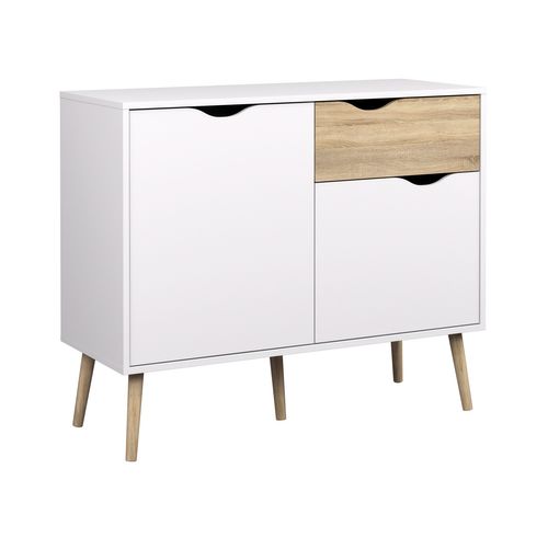 Petit Buffet 2 Portes, 1 Tiroir Blanc Et Décor Chêne L98,7 Cm
