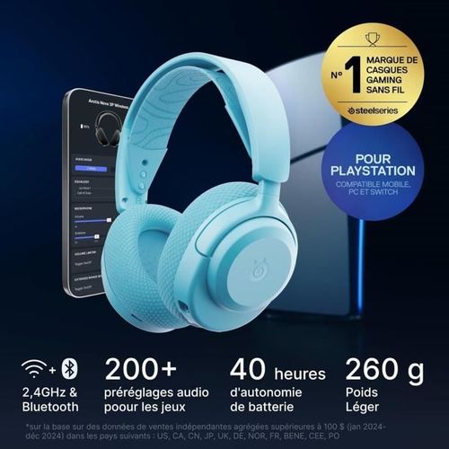 Casque Gaming Sans Fil - Arctis Nova 3pw - Autonomie 40h - Bluetooth + 2,4 Ghz - Couleur Bleu Ciel