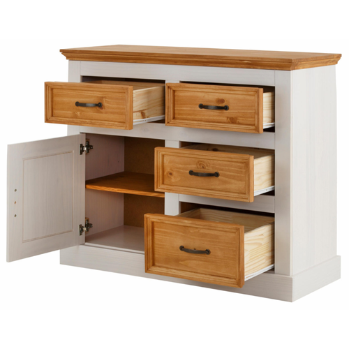 Selma - Buffet Avec 1 Porte / 4 Tiroirs En Pin Ciré Blanc