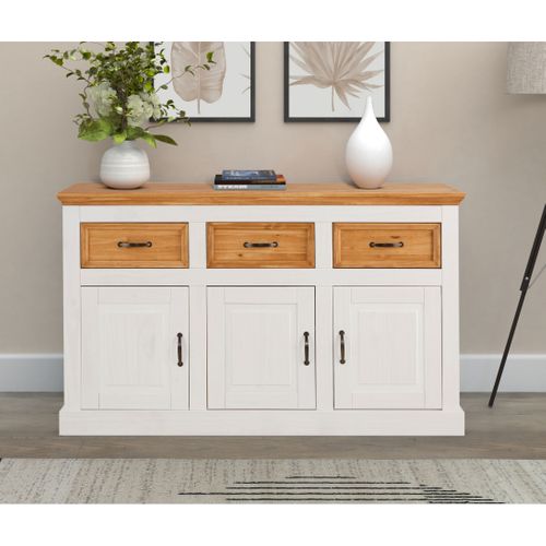Selma - Buffet Avec 3 Portes Et 3 Tiroirs En Effet Pin Teinté Blanc