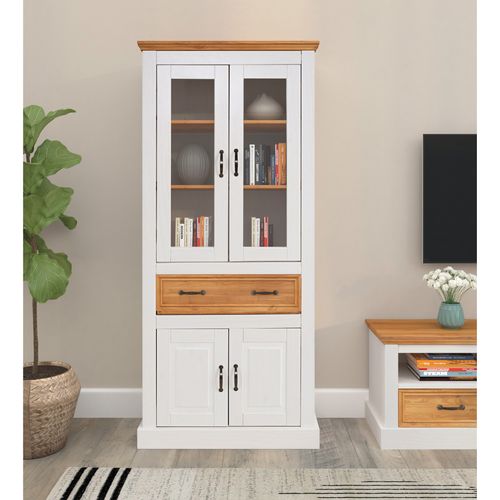 Selma - Vitrine Avec 4 Portes Et 2 Tioirs En Pin Teinté Blanc