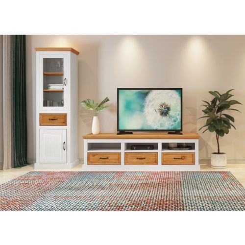 Selma - Vitrine Avec 1 Porte + 1 Porte + 1 Tiroir En Pin Teinté Blanc