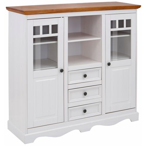 Melissa - Buffet Avec 2 Portes Vitrées Et 3 Tiroirs En Pin Blanc