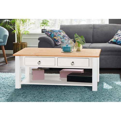 Ines - Table Basse Avec 2 Tiroirs En Pin Blanc Et Miel