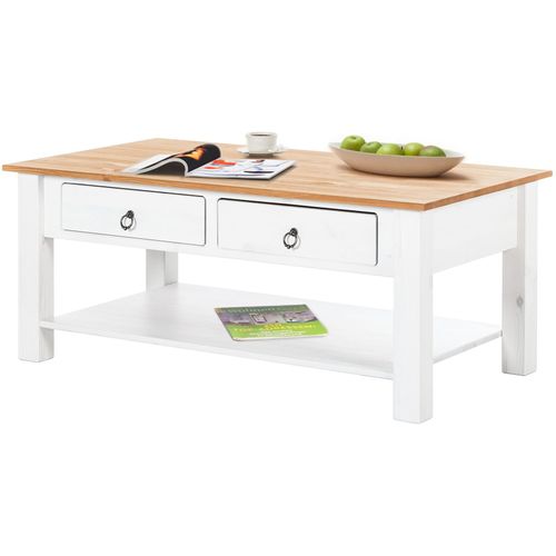 Ines - Table Basse Avec 2 Tiroirs En Pin Blanc Et Miel